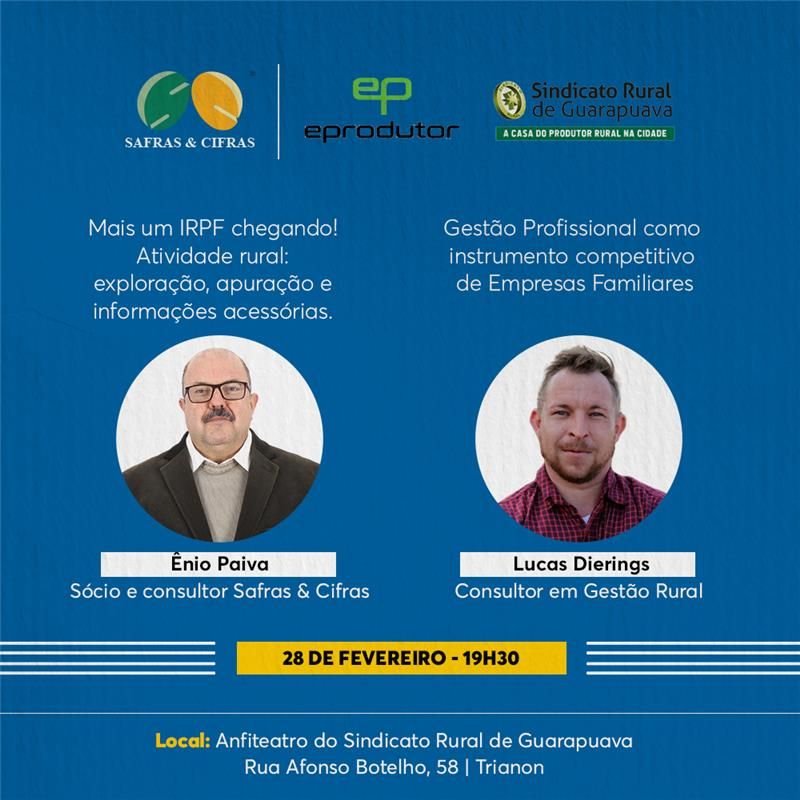 Palestra "Mais um IRPF chegando. Atividade rural: exploração, apuração e informações acessórias" acontece amanhã (28), no Sindicato Rural
