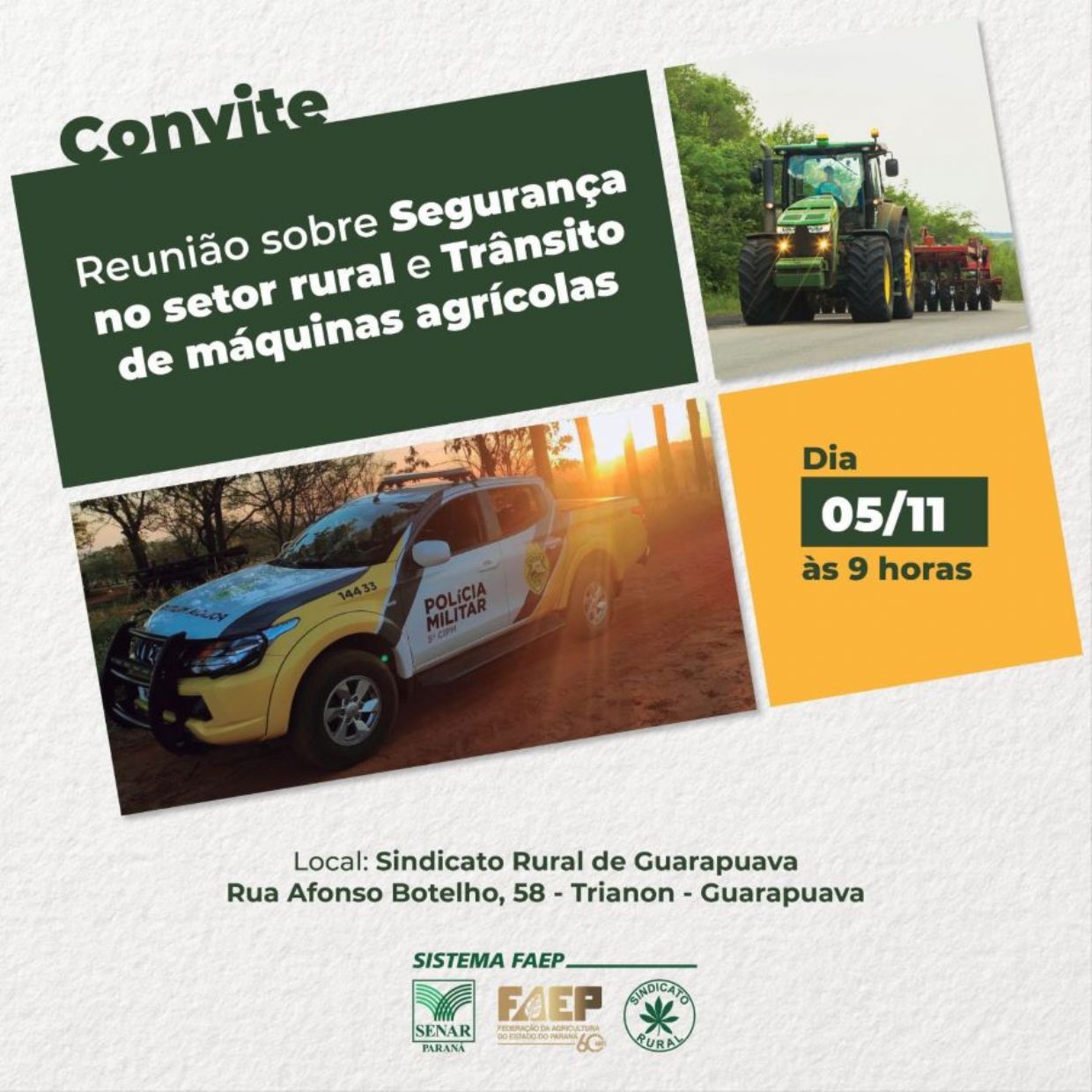 Segurança no campo e trânsito de máquinas agrícolas são temas de reunião da FAEP, dia 5 de novembro, no Sindicato Rural de Guarapuava